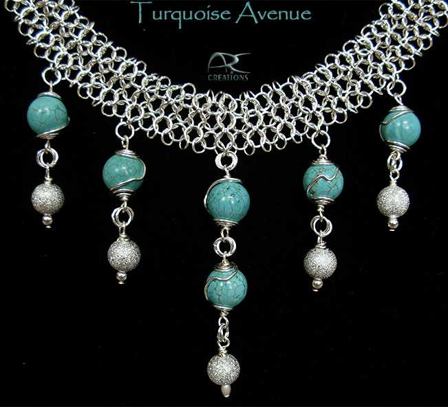Turquoise and silver chainmaille necklace set